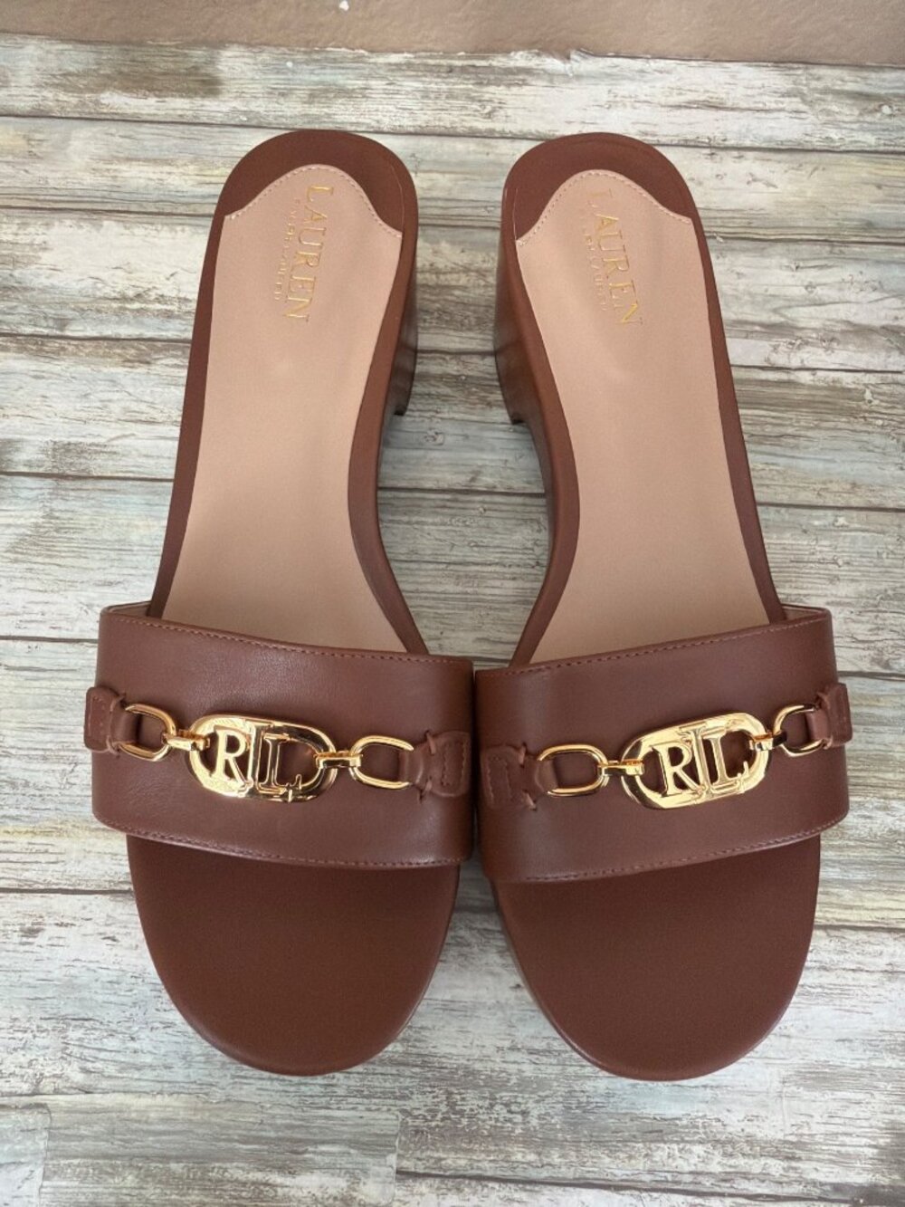 Ralph Lauren Roxanne Block Heel Slide Sandals Tan Leather Sz 11 New in Box - Picture 13 of 15